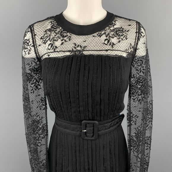 PRADA Size 10 Black Pleated Silk Lace Top Long Sleeve Cocktail Dress - Picture 2 of 8